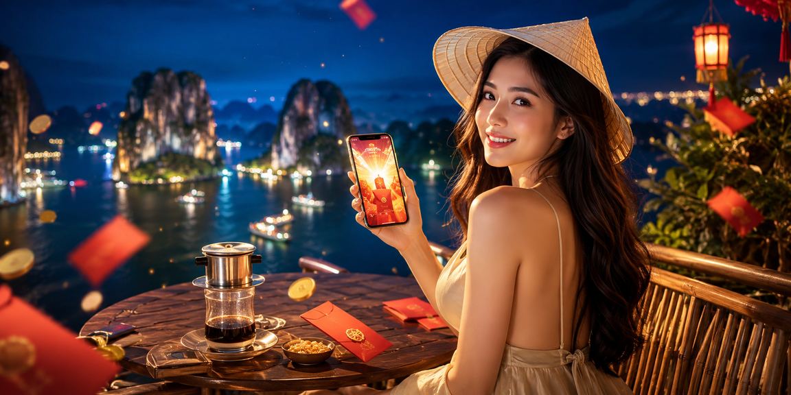 Phong bì đỏ tiền thưởng trên nền vịnh Hạ Long, biểu tượng ưu đãi may mắn tại kqc1