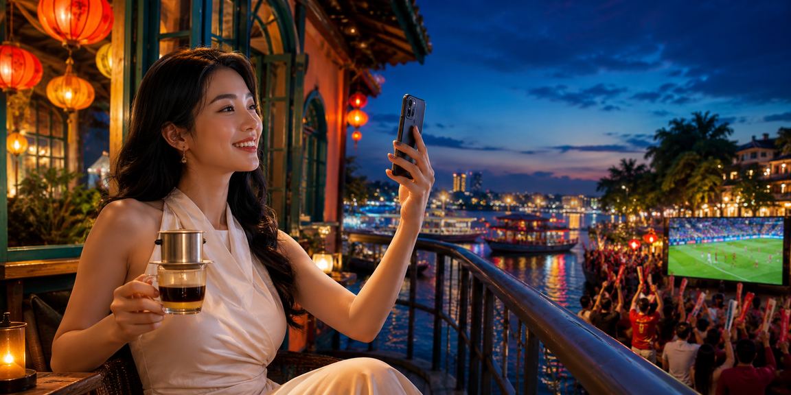Người dùng Hà Nội truy cập kqc1 trên điện thoại tại quán cà phê buổi sáng